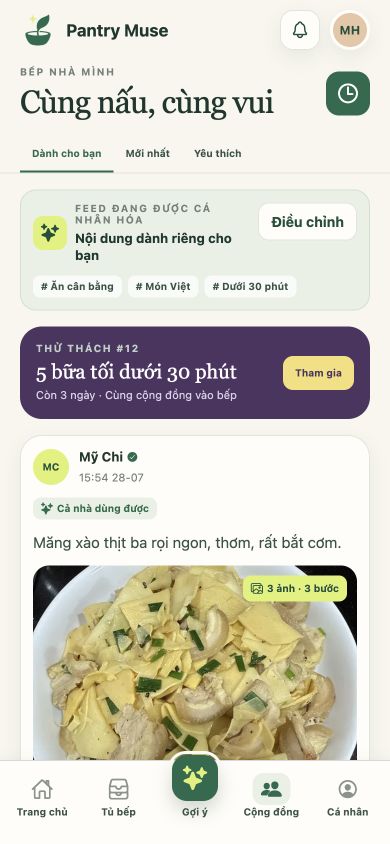 Màn hình cộng đồng nấu ăn Pantry Muse với bài chia sẻ món đã nấu
