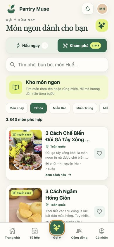 Màn hình tìm kiếm và lọc hơn 3.500 công thức Pantry Muse