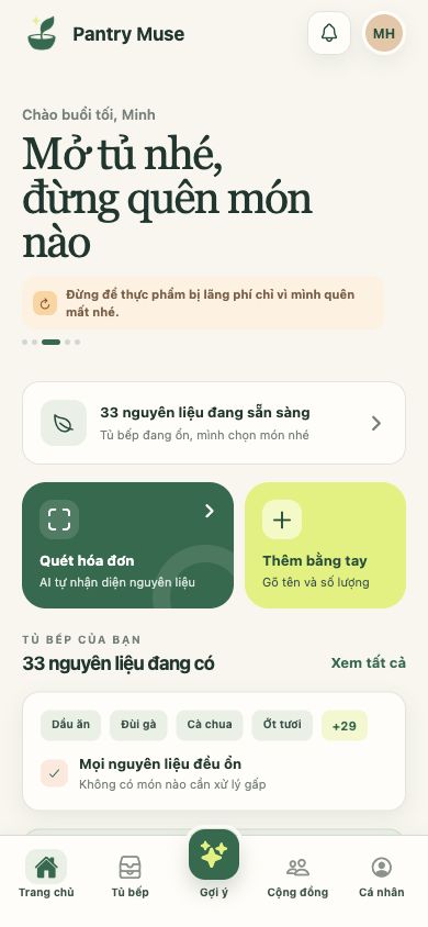 Màn hình Trang chủ Pantry Muse với tổng quan tủ bếp và nguyên liệu sẵn có